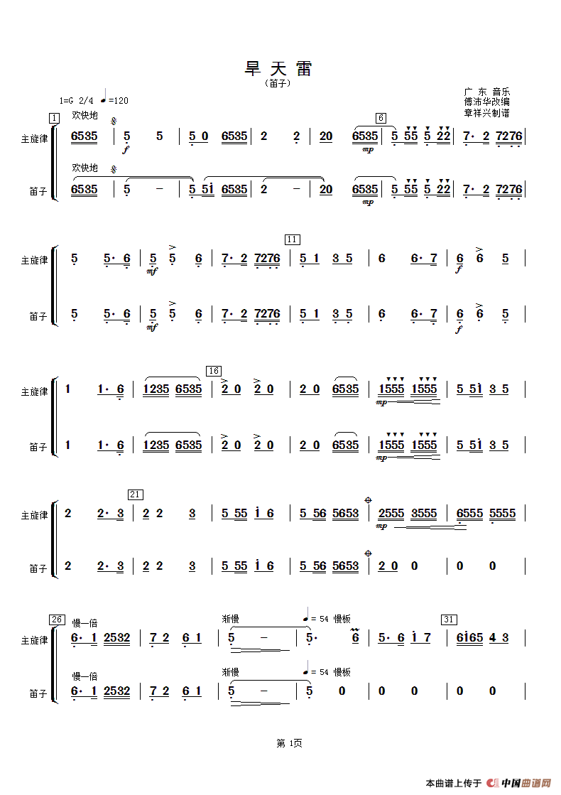 旱天雷(笛子分谱)曲谱_流行简谱_zzmao曲谱网