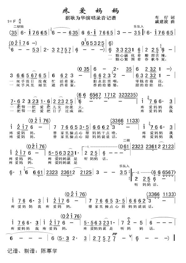 疼爱妈妈(车行词戚建波曲)简谱