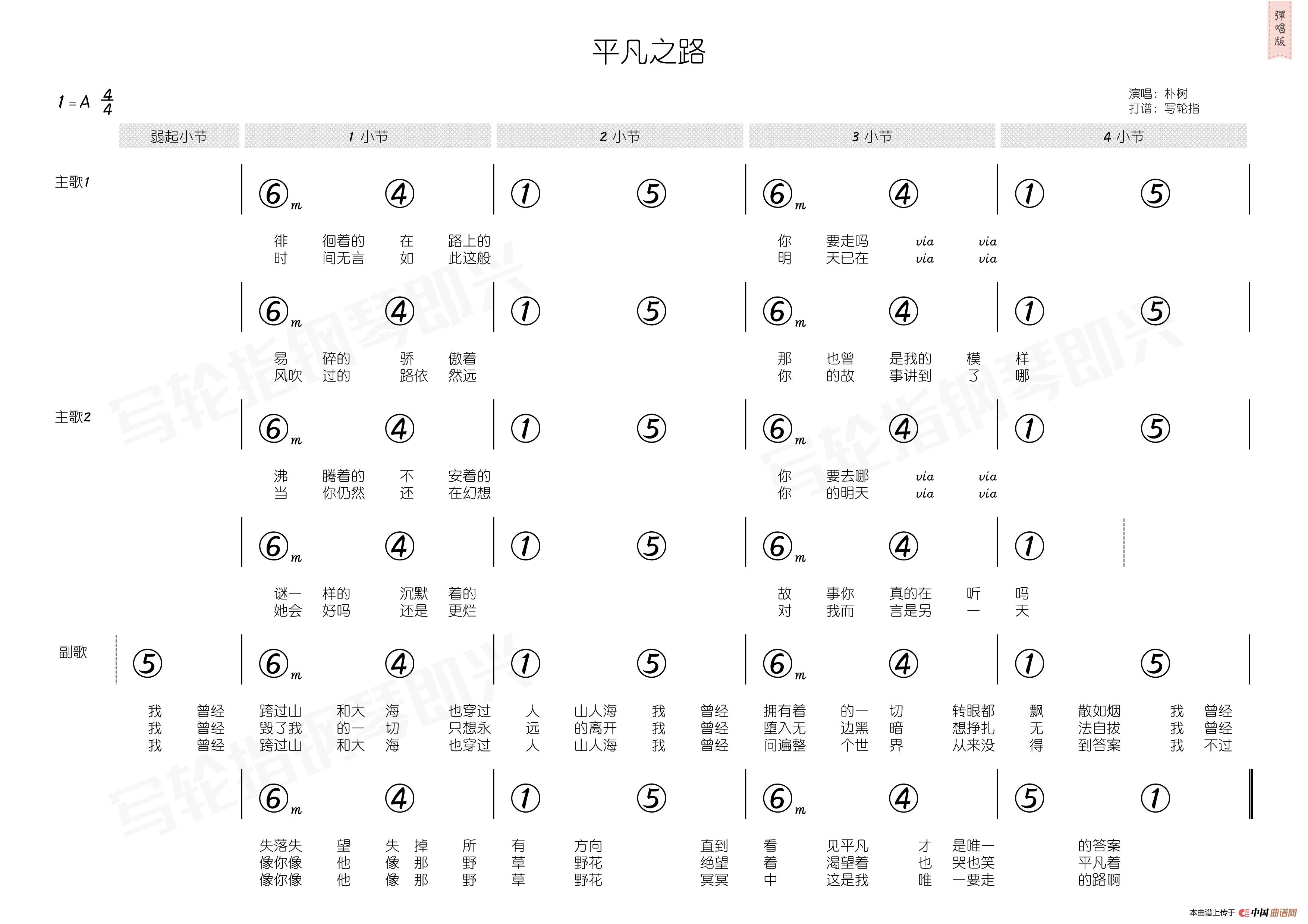 平凡之路钢琴简谱双手图片